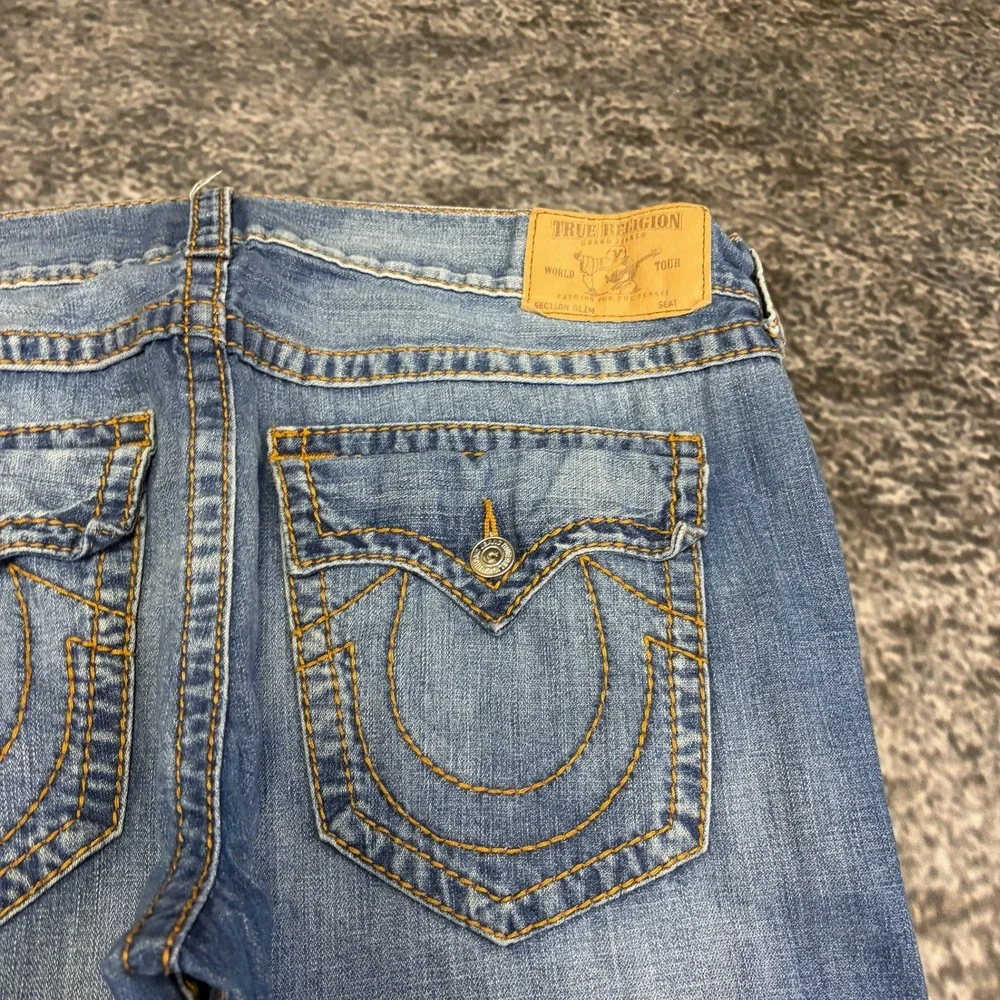 True Religion Jeans Mens 42x29 Blue World Tour Section Slim Stitched Flap Pocket